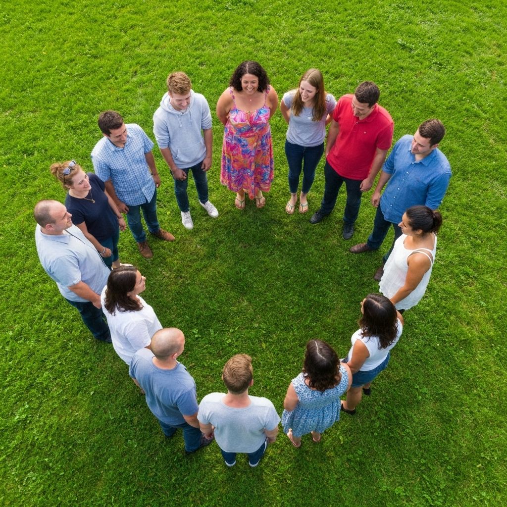 Emberek állnak körben a fűben, felülről fotózva